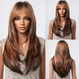 Xpoko Brown Highlight Synthetic Wigs Long Silk Straight Wig with Bangs Middle Part Natural Brown Daily Wig Heat Resistant