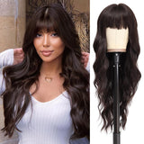 Xpoko Black Wig with Bangs for Women Long Black Wavy Wigs 26 Inch Natural Black Wigs Natural Looking Heat Resistant Synthetic Wig