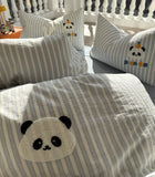 Xpoko  Cute cartoon embroidery panda bedding set,twin full queen king blue stripe cotton home textile bed sheet pillow case quilt cover