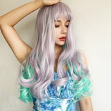 Xpoko Silver White Women's Synthetic Wig Turquoise Green Women's Wig Highlight Dyed Long Curly Hair Full Set Cosplay Party Lolita