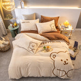 Xpoko Super Soft Warm Cosy Flannel Velvet Fleece Cartoon Bear Embroidery Child Bedding Set Duvet Cover Flat/Fitted Sheet Pillowcases