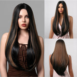 Xpoko Brown Highlight Synthetic Wigs Long Silk Straight Wig with Bangs Middle Part Natural Brown Daily Wig Heat Resistant