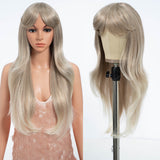 Xpoko Synthetic Blonde Black Synthetic Wigs 26"with Bangs Medium Straight Layered Natural Hairs for Women Daily Cosplay Heat Resistant