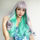 Xpoko Silver White Women's Synthetic Wig Turquoise Green Women's Wig Highlight Dyed Long Curly Hair Full Set Cosplay Party Lolita