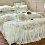 Xpoko  -  Princess Chiffon Lace Bedding Sets Luxury Green Egyptian Cotton Flowers Embroidery Duvet Cover Bed Sheet Pillowcases 2024 New