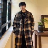 Xpoko Men Winter Outfit Autumn Winter Plaid Trench Medium Length Woolen Coat With Belt Korean Loose Casual Fashion Double-breasted Couple Outwear