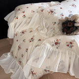 Xpoko 100% Cotton French Romantic Lace Ruffles Vintage Rose Flower Bedding Set Queen King Duvet Cover Flat/Fitted Bed Sheet Pillowcase