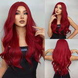 Xpoko Burgundy Wine Red Long Wavy Synthetic Hair Wigs for Women Afro Red Body Wave Halloween Cosplay Natural Wig Daily Heat Resistant