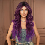 Xpoko Costume Wigs Long Wavy Purple Body Wigs with Dark Roots High Density Synthetic Heat Resistant Wig for Light Colored End