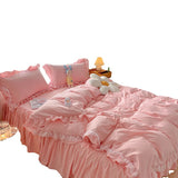 Xpoko New Korean Princess Style Bedding Set For Girls Solid Color Exquisite Ruffle Lace Pink Bed Skirt Duvet Cover Queen Pillow Case