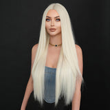 Xpoko Synthetic Long Straight Platinum ﻿Wig For Women Mid Split Wig Daily Use Party High Density  Heat Resistant Synthetic Wigs