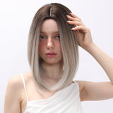 Xpoko Smilco 14 inch gray brown gradient natural split for daily wear of synthetic fiber women's wigs