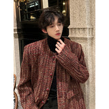 Xpoko Men Winter Outfit Round Collar Tweed Blazers Cardigan Men's Autumn Collarless Short Jacket Korean Style Chic Fashion Elgance Coat Handsome Jackets