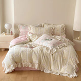 Xpoko New Winter Rose Velvet Bedding Set Romantic Lace Ruffles Comforter Sets Fluffy Milk Velvet Duvet Cover Set Eldense Bed Sheet