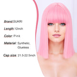 Xpoko Wig With Bangs Short Pink Bob Wigs for Women Straight Bob Bangs Wig Heat Resistant Synthetic Hair Natural Looking For Daily