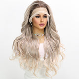 Xpoko Women's Wig Handmade Lace Wig Light Grey Gradient Women's Big Wave Curly Wig Daily Party Lolita Cos Wig