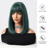 Xpoko Dark Green Bob Synthetic Wigs Short Straight Wig Green Hair with Bangs for Women Party Cosplay Use Heat Resistant