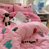 Xpoko  -  Washed Cotton Soft Bedding Set Cute Cartoon Duvet Cover Bedclothes Bedspread Pillowcases Flat Sheets Comforter Sets for Girls