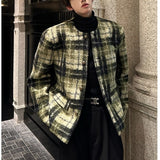 Xpoko Men Winter Outfit Men's Tweed Plaid Blazers Cardigan Autumn Winter Trend Collarless Short Jacket Fashion Green Korean Style Chic Elgance Coat