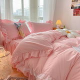 Xpoko New Korean Princess Style Bedding Set For Girls Solid Color Exquisite Ruffle Lace Pink Bed Skirt Duvet Cover Queen Pillow Case