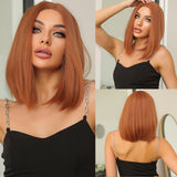 Xpoko Shoulder Length Synthetic Wigs Short Straight Orange Copper Brown Wig with Bangs for Black Women Afro Hair Daily Heat Resistant