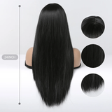 Xpoko Synthetic Long Silky Straight Wigs with Bangs Black Cosplay Party Lolita Hair Wigs for Women Natural Heat Resistant Wig