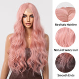 Xpoko Pink Synthetic Women's Front Lace Wig Long Wavy Pink Wigs for Women Afro Cosplay Daily Party High Density Heat Resistant Hair