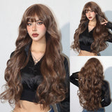 Xpoko Long Wavy Brown Synthetic Wig Long Curly Wig with Bangs for White Women Korean Daily Party Cosplay Christmas Heat Resistant Hair