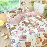 Xpoko Kawaii Peach Bedding Set For Home Cotton Twin Full Queen Size Strawberry Bear Cute Fitted Bed Sheet Pillowcases Duvet Cover