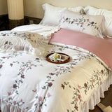 Xpoko  -  Lace Ruffles Princess Pure Cotton Bedding Set Floral Quilt Cover Girls Wedding Home Textiles Duver Cover Bed Sheet Pillowcases