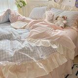 Xpoko  -  Korean Princess Style Washed Cotton Soft Bedding Set Pink Blue Black Green Lattice Lace Ruffles Duvet Cover Set With Pillowcases