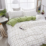 Xpoko Fashion Bedding Set White Green Double Bed Linens Quilt Duvet Cover Pillowcase Queen Size Flat Sheet Classic Grid for Girl Boy