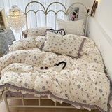 Xpoko  -  French Small Floral Printed Bedding Set, Double Layer Lace Ruffles, 100% Cotton, Duvet Cover Set, Bed Linen, Pillowcases