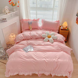 Xpoko New Korean Princess Style Bedding Set For Girls Solid Color Exquisite Ruffle Lace Pink Bed Skirt Duvet Cover Queen Pillow Case