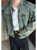 Xpoko Men's Denim Jackets American-style High Street Zippers Coat Vintage Washed Distressed Cowboy Jacket Spring Casual Streetwear New