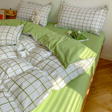 Xpoko Fashion Bedding Set White Green Double Bed Linens Quilt Duvet Cover Pillowcase Queen Size Flat Sheet Classic Grid for Girl Boy