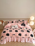 Xpoko French Luxury Faux Fur Warm Bedding Set Princess Style Coral Soft 4 Pieces Bed Sheet Double sided Plush Quilt Cover Fast Ship