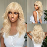 Xpoko Platinum Beige Long Wavy Blonde Cosplay Synthetic Wigs for Women Daily Lolita Natural Fake Hairs Wig With Bangs Heat Resistant