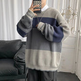 Xpoko 2024 New Original Autumn Sweater Men Retro Loose Pullover Lazy Style Student Versatile Striped Couple Sweater Harajuku harajuku