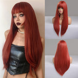Xpoko Black Straight Synthetic Wigs with Bangs Long Smooth Hair for Women Daily Soft Natural Looking High Temperature Fiber