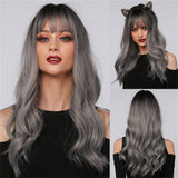 Xpoko Grey Wig with Bangs - Ombre Gray Wigs for Women Long Wavy Layered Black Root Realistic Hair, Natural Synthetic Heat Resistant