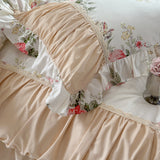 Xpoko  -  Korean Princess Style Pleat Ruffles 100% Cotton Bedding Set Elegant Vintage Rose Floral Duvet Cover Set Bed Skirt Pillowcases