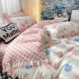 Xpoko Lovely Princess Flower Print Ruffles Bedding Set 100% Cotton Cute Girls Duvet Cover Set with Bed Sheet Kawaii Bedding Sets Soft