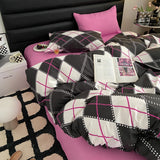 Xpoko Fashion Style Pink,Black 4pcs Bedding Set Luxury Pure Cotton Soft Duvet Cover Comforter Pillowcases Bed Flat Sheet Set for Girl