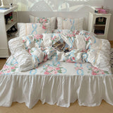 Xpoko  -  100% Cotton Bedding Set Korean Style Flowers Printing Quilt Covers Lace Princess Duvet Cover Bedspread Bed skirt Pillowcases