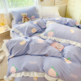 Xpoko Kawaii Peach Bedding Set For Home Cotton Twin Full Queen Size Strawberry Bear Cute Fitted Bed Sheet Pillowcases Duvet Cover