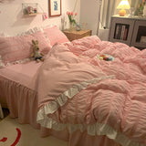 Xpoko Pink Ruffled Seersucker Duvet Cover Set 3/4pcs Soft Lightweight Down Alternative Grey Bedding Set with Bed Skirt and Pillowcases