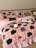 Xpoko French Luxury Faux Fur Warm Bedding Set Princess Style Coral Soft 4 Pieces Bed Sheet Double sided Plush Quilt Cover Fast Ship