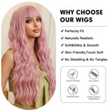 Xpoko Light Pink Curly Wig Synthetic Long Deep Wave Wig with Bangs Halloween Cosplay Party Hair Wigs for Women Heat Resistant Hair