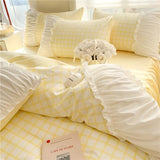 Xpoko Korean Style Princess Bedding Set Luxury Pink Lattice Duvet Cover Ruffles Lace Bedspread Bed Sheet Pillowcases